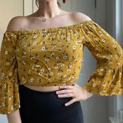 Off the shoulder floral crop top yellow bell sleeve size M boho