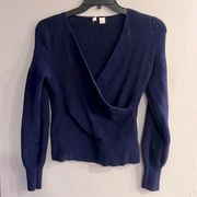 ANTHROPOLOGIE MOTH Women’s Navy Blue Stretch Knit Faux Wrap Sweater Size S
