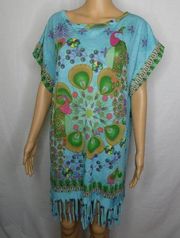 Custo Barcelona Peacock Beaded Fringe Tunic Dress