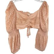 Surf Gypsy  Peach Crochet Ballon Sleeve Cropped Eyelet Top