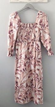 House of Harlow 1960 Linen Smocked Leaf Print Dress NEW