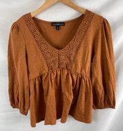 4/$25 NWT Derek Heart Cognac Knit Lace Trim Three Quarter Sleeve Peasant Top M