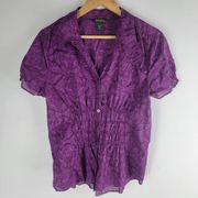 Eddie Bauer Printed Ruffle Sleeve Button Up Blouse Purple Size L