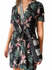 Wallace Wrap Front Short Sleeve Dress Black & Tropical Floral Print sz XXS