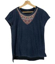 Max Jeans Indigo Blue Embroidered Collar Short Sleeve Top S