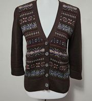 American Living Brown Fair Isle ¾ Sleeve Vneck Cardigan Size Medium