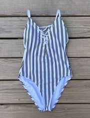 Nautica Striped White/Navy Slimming One Piece- Size Medium