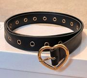 Black Faux Leather Fashion Eyelet Belt with Adjustable Gold-Tone Heart Buckle