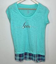 BOXERCRAFT SMALL MINT GREEN PAJAMA TOP LOVE WITH PLAID TRIM