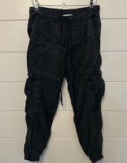 Black linen cargo joggers