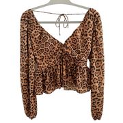 H&M Tan Black Cheetah Animal Print Double V Neck Peplum Long Sleeve Flowy Top XS