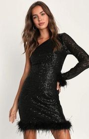 NWT Lulus Sparkling Desire Black Sequin Feather One-Shoulder Mini Dress Size M