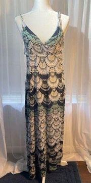 Element Size Large Maxi Dress Spaghetti Straps Blue Green Peacock Design