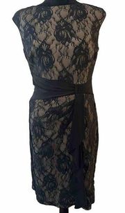 Chaps Sleeveless Dress Black Lace Overlay Beige Ruched Side High Neck Size 10