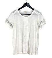 Hem & Thread Womens Lace Trim Crochet Top Shirt Short Sleeve Stretch White Small