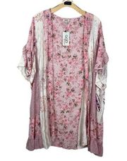 GiGiO Plus Boutique Kimono Duster Womens XL Pink Cream Floral Open Ruffle NEW