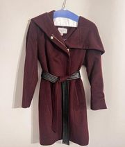 Cole Haan Belted Asymmetrical Wool Coat, Bordeaux, Women's Sz 8