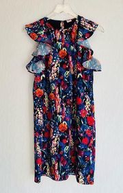 Amanda Uprichard Black Floral Print Ruffle Sleeve Shift Dress Size XS