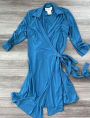 Julie Brown Blue Slinky Wrap Dress Size S V-Neck N10