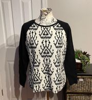 Ribbed Ikat Pullover Crew bicolor Geometric print raglan Boat textured