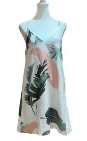 Tropical Palm Leaf Dress Spaghetti Strap White Floral Dress Sz S