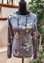 Workshop Republic Gray Floral Modal Round Neck Long Sleeve Top Blouse Size Small