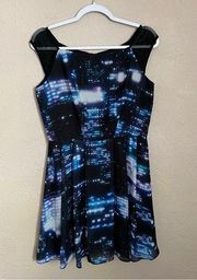 Milly Bella Cityscape Pleated Mini Dress Blue Black 8