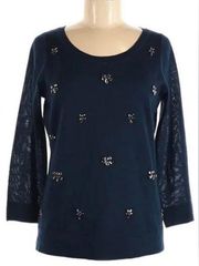 Ann Taylor LOFT Rhinestone Jeweled Wool Blend Blue Pullover Sweater Size M NWOT