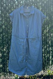 Chambray Collared Button Down Self Tie Shirt Dress in Blue - 1X Plus