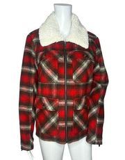 BNCI by Blanc Noir Jacket Womens Medium Red Plaid White Sherpa Shacket Campcore