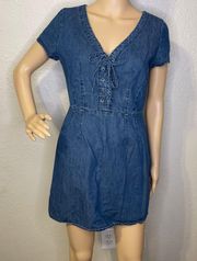 Vintage  Short Sleeve Denim Mini Dress Corset Tie Up in Front Size 10