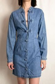 vintage 90s blue chambray chinese knot button down long sleeve mini dress by