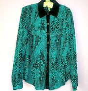 Yumi Kim Silk Retro Blue Exotic Animal Print Long Sleeve Button Blouse Large