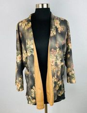Solitaire Faux Suede Gray Brown Floral Print Open Front Cardigan Women's Large L