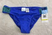 California Waves Women's Bikini Bottom Blue Size Medium Green Crochet Trim