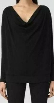 AllSaints Vicki Top Black Blouse Drape Neck Size Medium Viscose