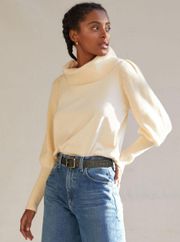 Dolan  Cowl Neck Ribbed Knit Puff Sleeve Pullover Sweater Ivory