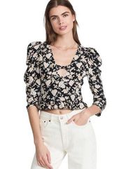 NWT LoveShackFancy Silk Floral Print Louis Blouse in Almond Cookie