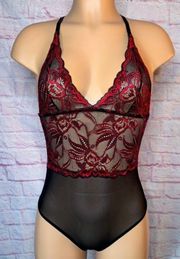 Black & Red, Embroidered Floral, Lingerie Bodysuit