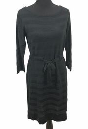 R&K Striped Belted Knit  Sweater Dress Black Medium