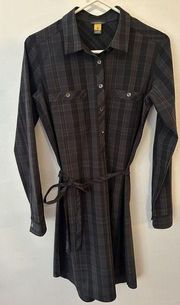 Eddie Bauer Travex Womens Shirt Dress Stretch Belted Black Gray Plaid Medium