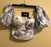 BANJUL Blue Porcelain Floral Print Puff Sleeve Corset Crop Top size M .