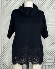 Ramy Brook Black Crochet Lace Hem Wool Turtleneck Sweater Size US Medium