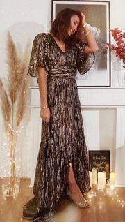 Dress Nixon Metallic Crossover-Neck Tie Maxi Party Black Gold XS GUC