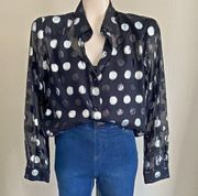 VINTAGE 80’s Leslie Fay Haberdashery black and silver dot print sheer blouse