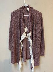 Arizona Juniors Maroon Cream Stretchy Long Sleeve Fall Fringe Sweater Cardigan L