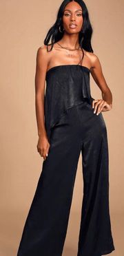 Lulus Raven Black Satin Strapless Wide Leg Jumpsuit