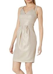 NEW Carmen Marc Valvo Infusion Sequin Embellished V-Neck Dress Tan Size 6