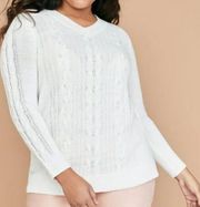 Lane Bryant Ivory Pearl Embellished Plus Size Cable Knit Long Sleeve Sweater