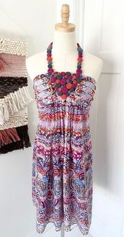 Adrianna Papell Halter Neck Sleeveless Printed Silk Dress Pink/Blue Size 14